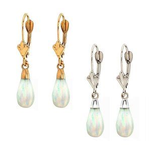 14K Solid Gold Teardrop Shape Dangle Opal Leverback Earring 1.2" 14k Yellow Gold